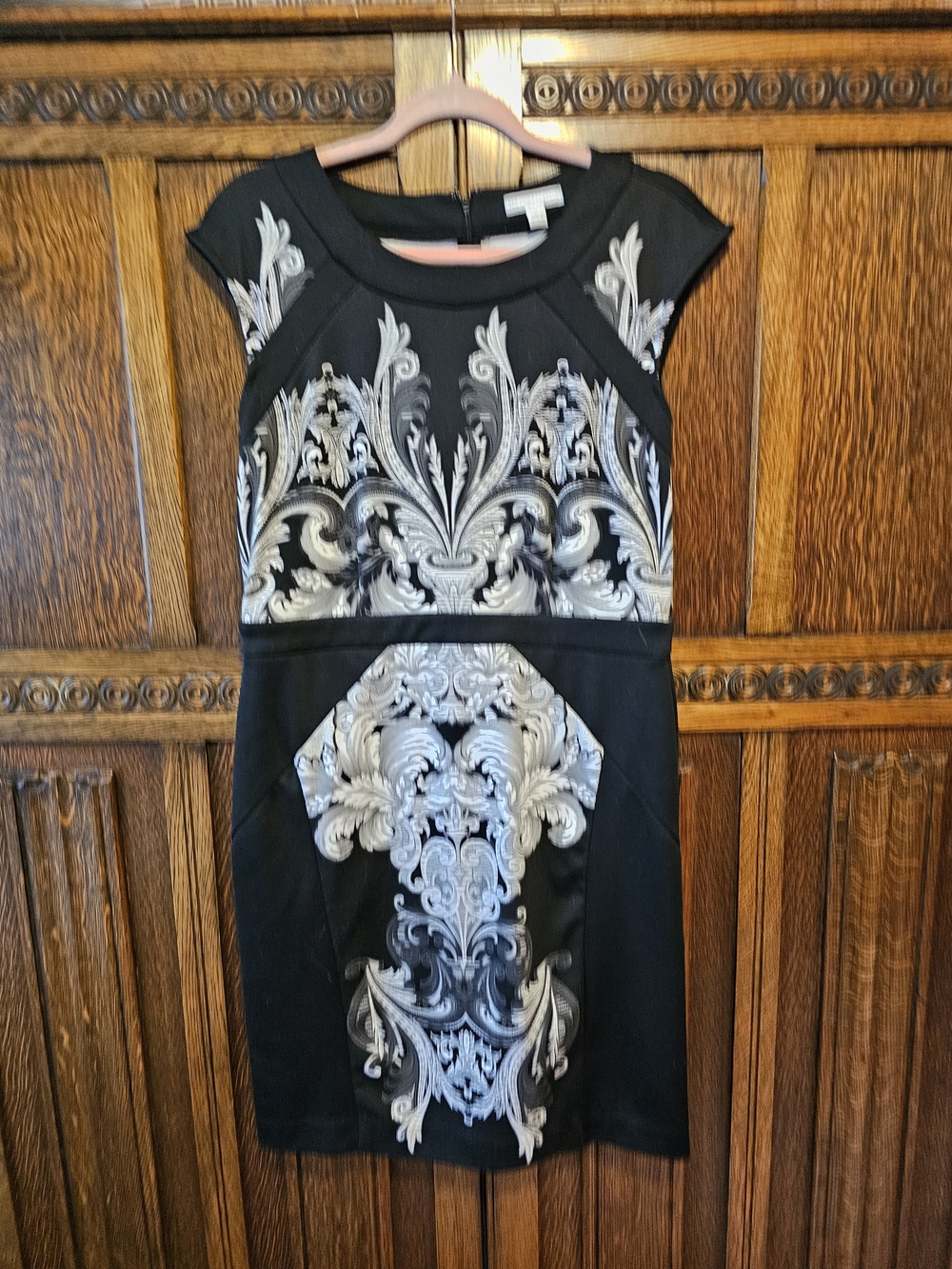 New York & Company Black Dress with White Baroque Print M